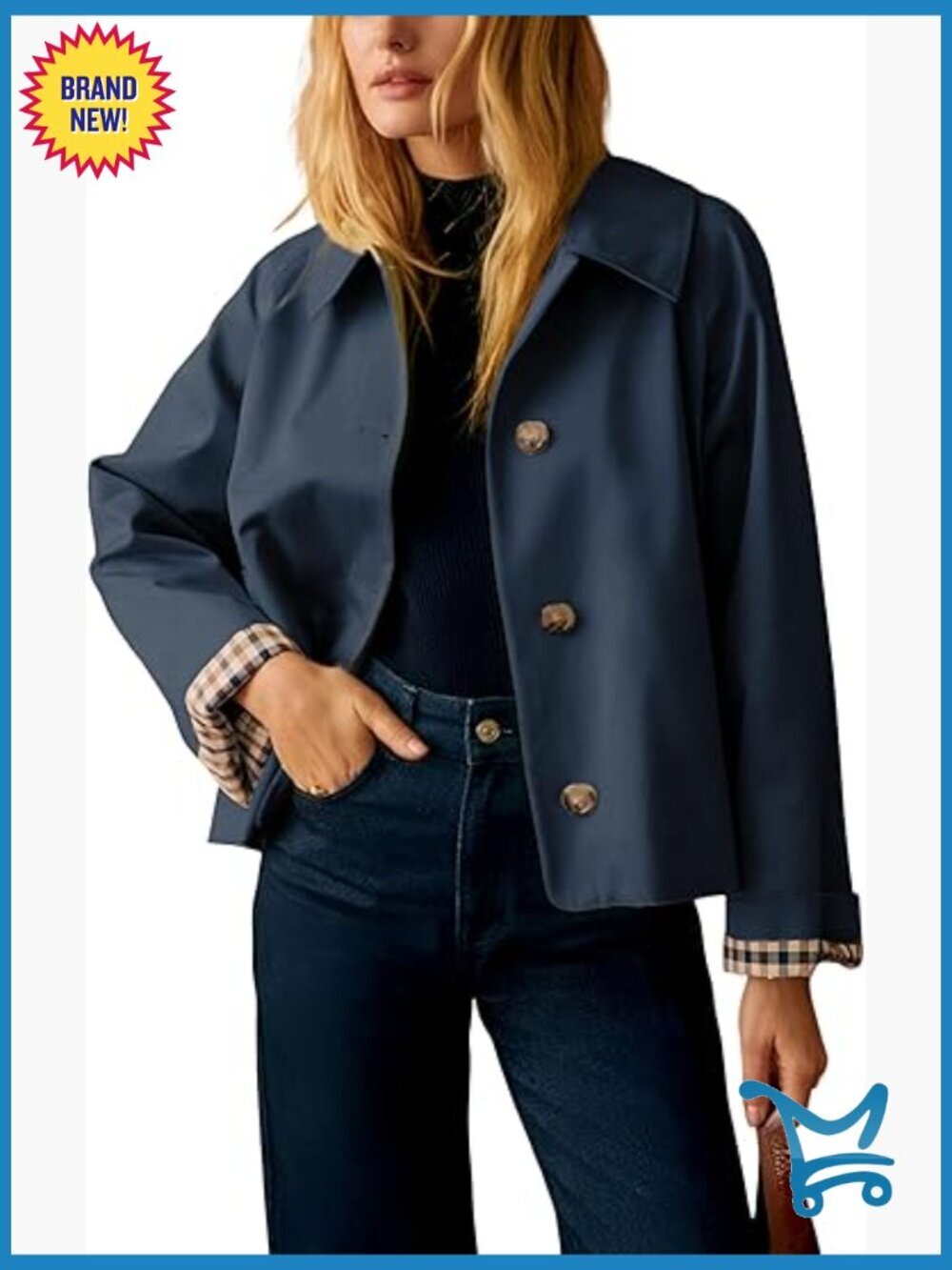 Oversized Trench Coat Plaid Lining Lapel Button Down Casual Crop Jacket Pockets